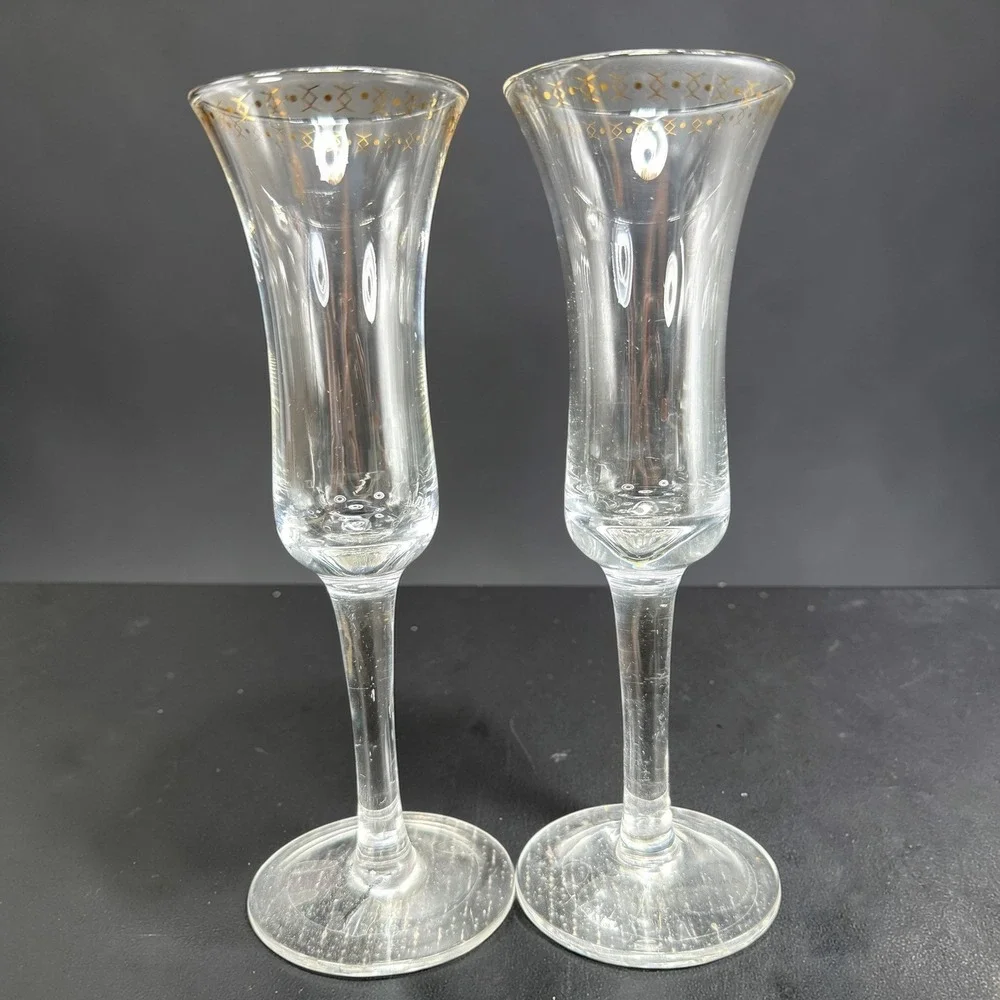 West Elm Gold Pattern Champagne Flutes Set of 2 Flared‎ Stemware Clear Glass VTG